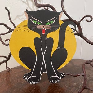 Dimensions jusqu'à 30 cm (12 po.) Style vintage, chat noir, yeux verts, assis devant la lune, décoration Halloween en papier cartonné découpé à la main, décoration de gâteau