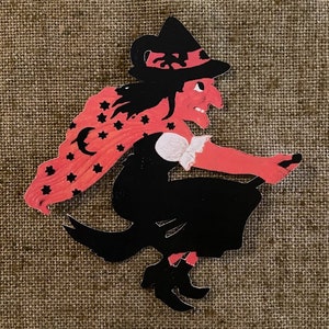 Sizes Up To 15" Vintage Style Witch Flying on Broom, Stars on Cape Halloween Hand Cut Cardstock Decoration,Framing,Crafting, Cupcake Toppers