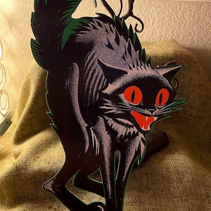 NOS Vintage Style Authentic Beistle 2 Sided Cutout Arched Back Black Cat Halloween Die Cut Cardboard Party Decoration, Frameable Too!