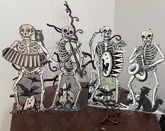 Sizes Up To 16" Choice of 4 Vintage Style Skeleton Playing Musical Instruments Halloween Hand Cut Cardstock Decoration, Cupcake Toppers