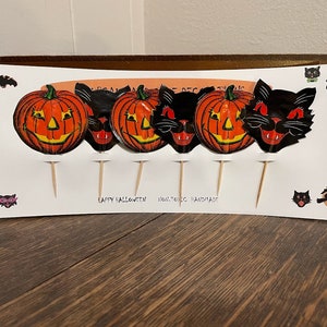 NEW Happy Cat, JOL Pumpkin Vintage Style Halloween Cupcake Cake Topper,Appetizer Picks,Baking Supplies,Decorations,Set of 6,12,18,24,Beistle