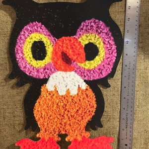 NOW Sizes Up To 15" Vintage Style Mod Colorful Hoot Owl, Purple Eyes, Halloween Hand Cut Cardstock Decoration, for Crafting Framing Etc