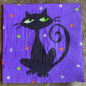 DOLLAR DAYS NOS Unused 6 1/2 Hallmark Halloween Party Crepe Paper Napkin,Groovy Cat Green Eyes Vintage Style Decoration to Frame,Repurpose image 1