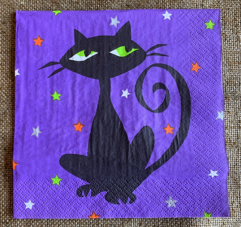 DOLLAR DAYS NOS Unused 6 1/2 Hallmark Halloween Party Crepe Paper Napkin,Groovy Cat Green Eyes Vintage Style Decoration to Frame,Repurpose image 1