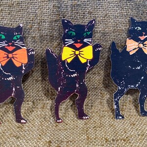 Sizes Up To 17" Choice of 3 Vintage German Style Standing Cat,Yellow or Orange Bow, Halloween Hand Cut Cardstock Decoration,Cupcake Toppers