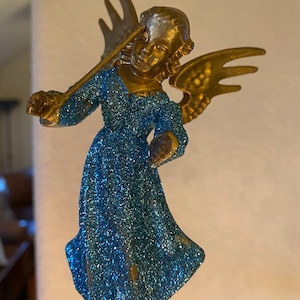 Vintage MCM Mini Feather Tree Topper, Vintage Gold Plastic Angel Conductor with Wand Aqua Blue Glittered Gown, 4 3/4” Tall