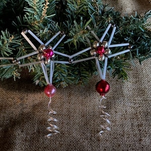 Your Choice of Antique Vintage 1940&#39;s Handcrafted Red and Silver Mercury Glass Beaded Star Mini Tree Topper For Small Feather Tree,3&quot; Across