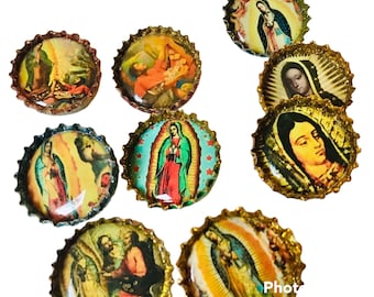Przypinka lub magnes z recyklingowanej nakrętki od butelki Virgen de Guadalupe Mother Mary