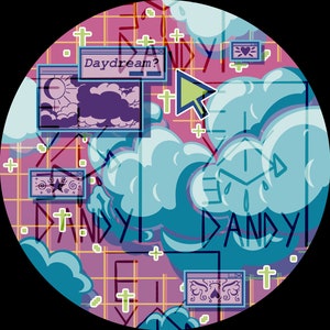 May include: A digital art piece with a circular design. The background is a grid pattern in pink and yellow. The image features stylized clouds, computer windows with text, and a cursor. The word "DANDY" is repeated around the circle.