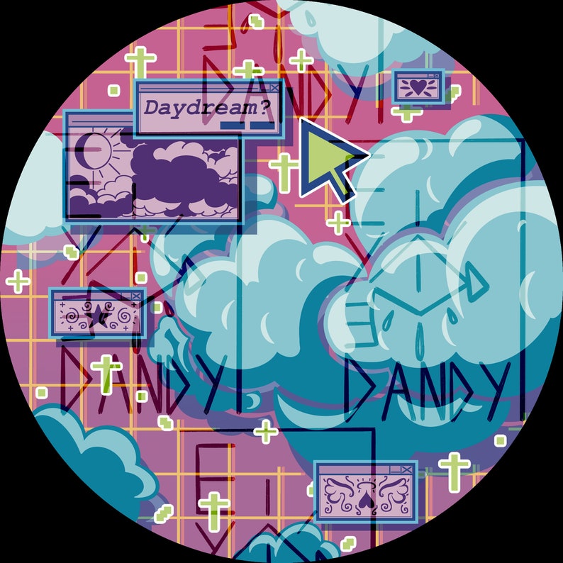 May include: A digital art piece with a circular design. The background is a grid pattern in pink and yellow. The image features stylized clouds, computer windows with text, and a cursor. The word "DANDY" is repeated around the circle.