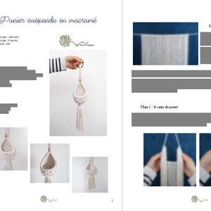 May include: A white macrame hanging planter with a wooden bead at the top. The planter is in the shape of a teardrop and has a fringe at the bottom. The planter is hanging from a white wall. The image also includes a close-up of the macrame knots and a diagram of the steps involved in making the planter.