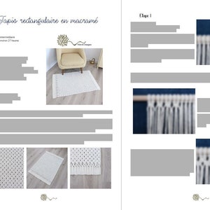 May include: A white macrame rug with fringe on a wooden floor. The rug is rectangular and has a simple pattern. The image also includes instructions for making the rug, including a close-up of the knots.