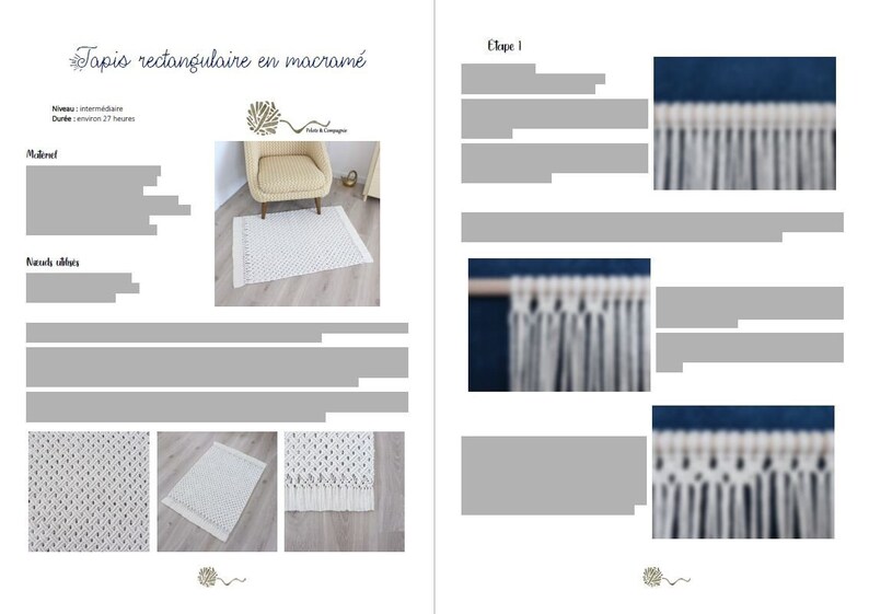 May include: A white macrame rug with fringe on a wooden floor. The rug is rectangular and has a simple pattern. The image also includes instructions for making the rug, including a close-up of the knots.