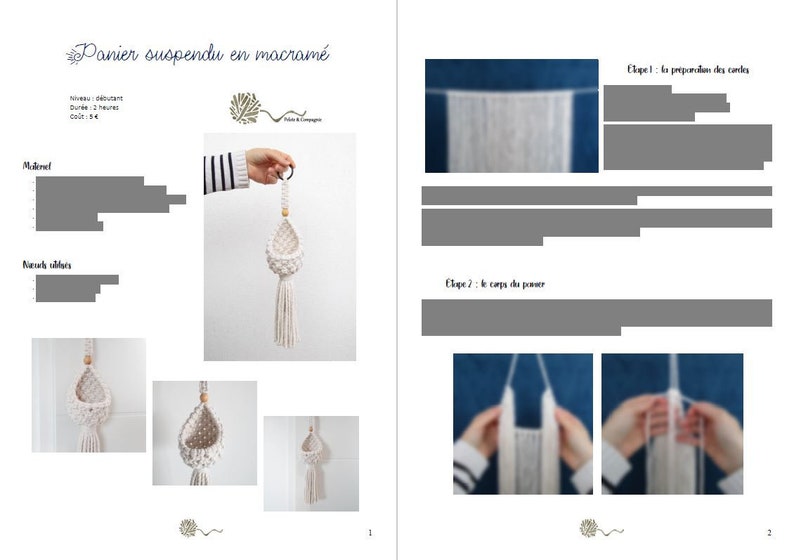 May include: A white macrame hanging planter with a wooden bead at the top. The planter is in the shape of a teardrop and has a fringe at the bottom. The planter is hanging from a white wall. The image also includes a close-up of the macrame knots and a diagram of the steps involved in making the planter.
