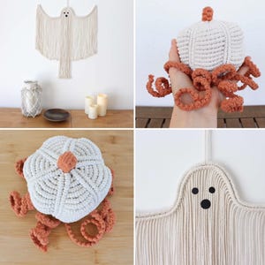 Pode incluir: Um conjunto de três tapeçarias de macramé de parede com um fantasma e dois designs de polvo. O fantasma é branco com uma cara preta e o polvo é branco com tentáculos laranja.