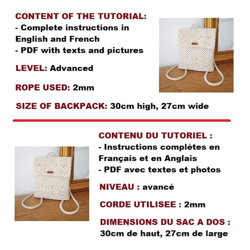 K&ouml;nnte beinhalten: Ein wei&szlig;er Makramee-Rucksack mit einem Diamantenmuster. Der Rucksack ist 30 cm hoch und 27 cm breit. Der Text "CONTENT OF THE TUTORIAL:" ist auf dem Bild zu sehen. Der Text "Complete instructions in English and French" ist auf dem Bild zu sehen. Der Text "PDF with texts and pictures" ist auf dem Bild zu sehen. Der Text "LEVEL: Advanced" ist auf dem Bild zu sehen. Der Text "ROPE USED: 2mm" ist auf dem Bild zu sehen. Der Text "SIZE OF BACKPACK: 30cm high, 27cm wide" ist auf dem Bild zu sehen.