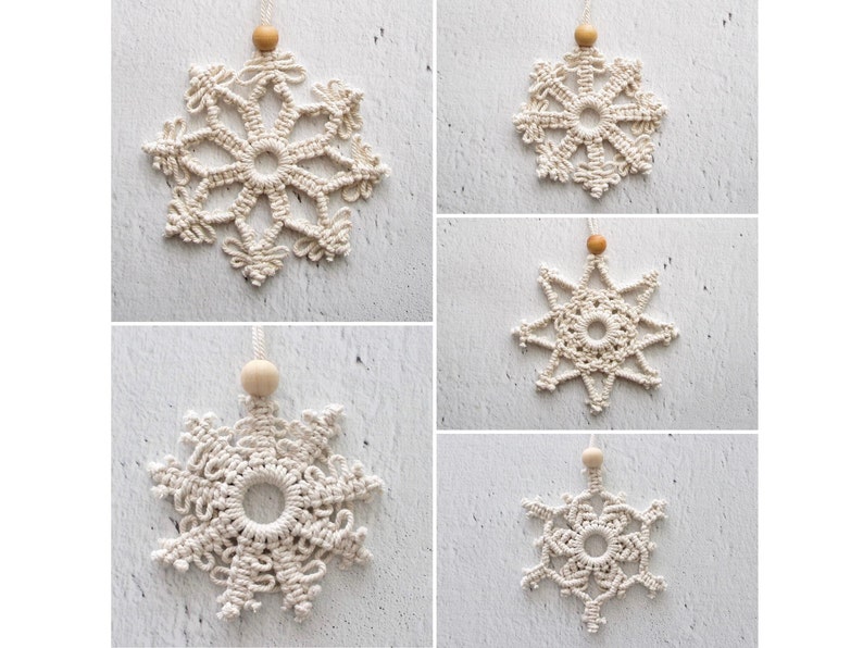 MACRAME PATTERN / 5 snowflakes / 5 stars / Macrame tutorial / Christmas decorations / How to / DIY / Beginner level / English and French image 1