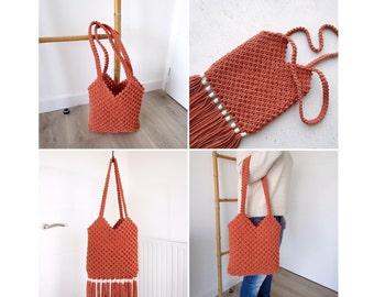 MACRAME PATTERN / Tote bag with or without fringes / Shopping bag / Hand bag / Macrame tutorial / Intermediate level / English and French