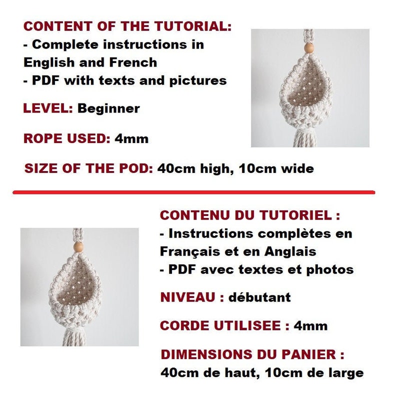 MACRAME PATTERN / Pod / Hanging basket / Plant hanger / Bird feeder / DIY / Pdf / Macrame tutorial / Beginner / English and French image 7