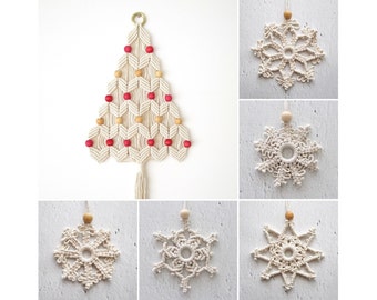 MACRAME PATTERNS / Christmas Bundle = Christmas tree + 5 snowflakes / Macrame tutorials / DIY / Beginner level / English and French