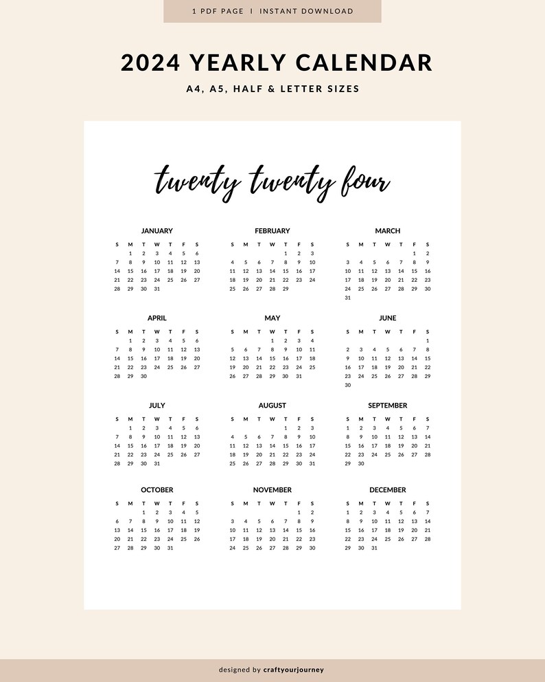 2024 Yearly Calendar Printable Planner 2024 12 Month Overview Instant ...