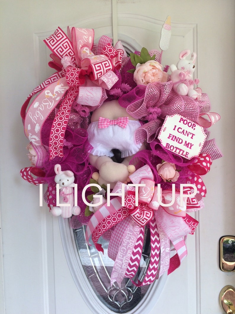 Baby Shower Wreath With Battery Operated Lights New Mother Girl Gift Sign Pink Newborn Nursery Decor