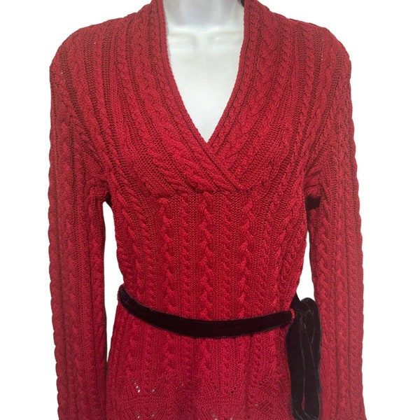 Lauren ralph lauren Petite cable knit sweater red v-neck waist tie Size PM