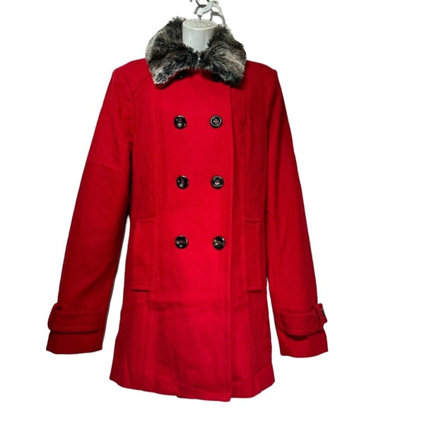 long tall sally red wool removable faux fur trim coat Size 10