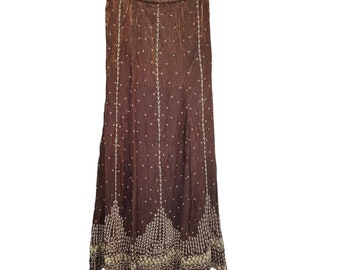 Vintage brown metallic beaded Sequins Embroidered Georgette Skirt size 2