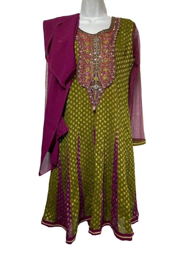 Indian Pakistani anarkali churidar kurti green pink beaded embroidered net dress