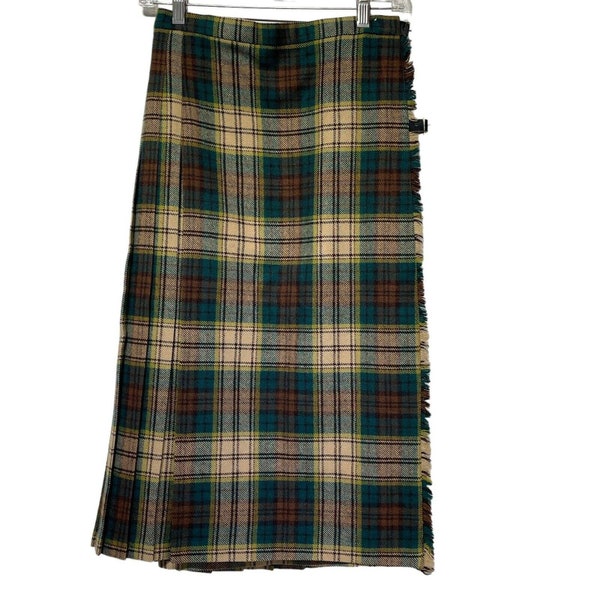 Vintage moffat weavers scotland Brown green pleated plaid skirt Size 14