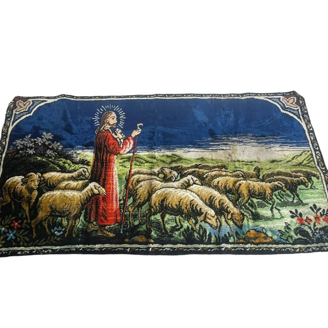 Jesus as Shepard With Flock Religious Wall Hanging Tapestry Etsy