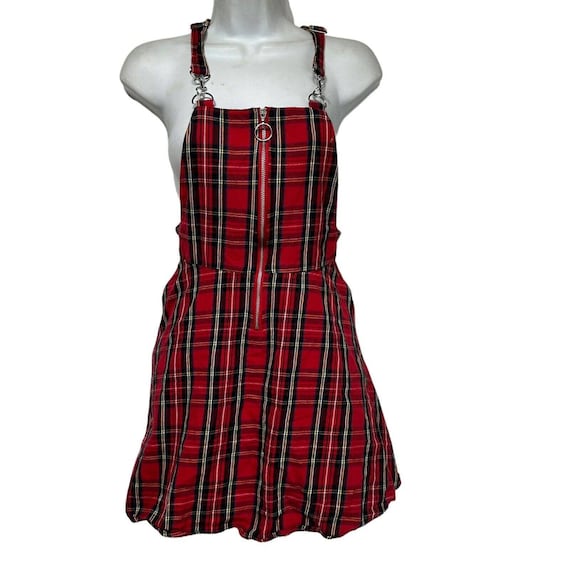 Hot Topic Schoolgirl Red Tartan Plaid Overall Dres