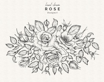 Black and White Digital Floral Bouquet PNG, Wedding Clipart, Commercial Use, Hand Drawn Rose Clipart, Antique Style Botanical Illustration