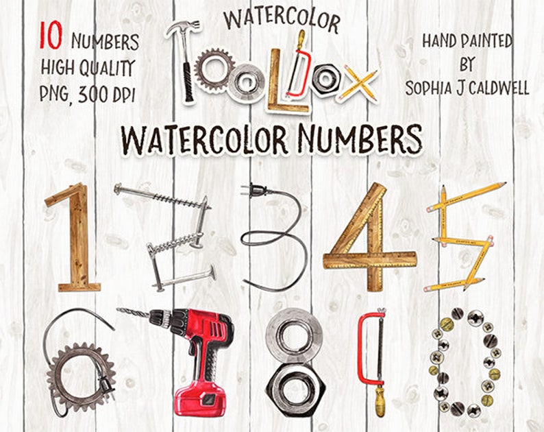 diy clipart numbers set 0-9 boy watercolor clipart watercolor tools clipart construction nursery clipart watercolor cliparts children mens image 1