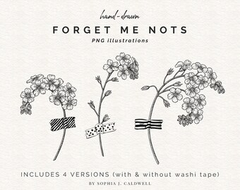 Forget Me Nots Flower Digital Stamps, Floral Clipart, Commercial Use OK, PNG Vintage Illustrations, Washi Tape Botanical Drawings, Printable