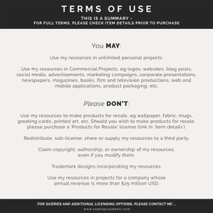 K&ouml;nnte beinhalten: Eine wei&szlig;e und schwarze Grafik mit dem Text "TERMS OF USE" in gro&szlig;en, fetten Buchstaben. Der Text "THIS IS A SUMMARY" befindet sich unter dem Titel. Die Grafik listet die Nutzungsbedingungen f&uuml;r kommerzielle und private Projekte auf. Die Grafik listet auch auf, was nicht erlaubt ist, wie z. B. den Weiterverkauf von Produkten, die Weiterverteilung oder die Geltendmachung von Urheberrechten.