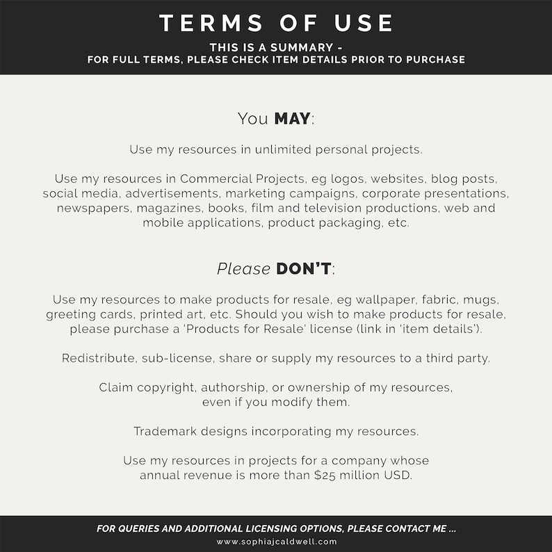 K&ouml;nnte beinhalten: Eine wei&szlig;e und schwarze Grafik mit dem Text "TERMS OF USE" in gro&szlig;en, fetten Buchstaben. Der Text "THIS IS A SUMMARY" befindet sich unter dem Titel. Die Grafik listet die Nutzungsbedingungen f&uuml;r kommerzielle und private Projekte auf. Die Grafik listet auch auf, was nicht erlaubt ist, wie z. B. den Weiterverkauf von Produkten, die Weiterverteilung oder die Geltendmachung von Urheberrechten.