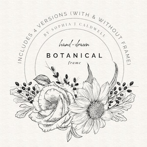 Round Circular Floral Frames Clipart, Black and White Hand Drawn Flower PNG, Digital Flowers, Wreath Illustration, Commercial Use, Botanical