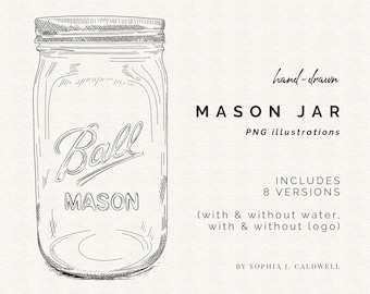 Ball Mason Glass Jar Digital Stamps, Line Art Clipart, PNG Vintage Graphics, Instant Download Commercial Use, Hand Drawn Ephemera Digital