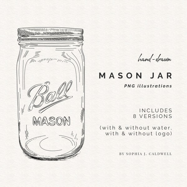 Ball Mason Glass Jar Digital Stamps, Line Art Clipart, PNG Vintage Graphics, Instant Download Commercial Use, Hand Drawn Ephemera Digital
