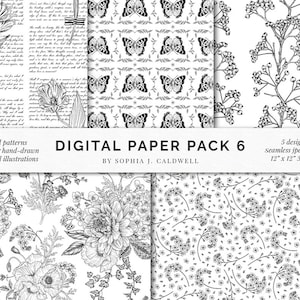 Floral botanisches digitales Papier, Linie Kunstzeichnungen, Musterüberlagerung, Tulpen Beeren Schmetterlinge Blumenstrauß, schwarz-weiß Monochrom, PNG