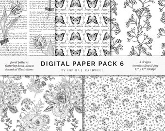 Floral Botanical Digital Paper Pack, Line Art Drawings, Pattern Overlay, Tulips Berries Butterflies Bouquet, Black & White Monochrome, PNG