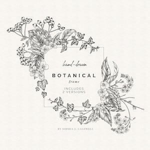 Cornice floreale digitale, PNG fiore disegnato a mano in bianco e nero, invito cornice floreale, quadrato rettangolare, clipart floreale, uso commerciale