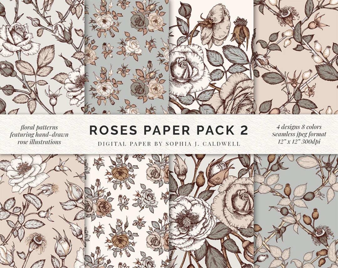 Rose Digital Paper Bundle, Floral Pattern Clipart, Vintage Shabby Chic ...