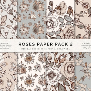 Pacote de papel digital rosa, clipart de padrão floral, vintage shabby chic, floral botânico, uso comercial ok, pastel rosa blush azul creme