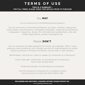 May include: A white and black graphic with the text "TERMS OF USE" in large, bold letters. The text "THIS IS A SUMMARY" is below the title. The graphic lists the terms of use for commercial and personal projects. The graphic also lists what is not allowed, such as reselling products, redistributing, or claiming copyright.