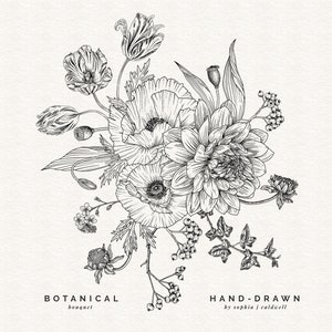 Schwarzweißer digitaler Blumenstrauß PNG, Hochzeit Clipart, kommerzielle Nutzung, handgezeichnetes Blumenstrauß Clipart, botanische Illustration im antiken Stil