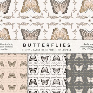 Papel digital com padrão de borboleta, vintage chique gasto para impressão, fundo botânico desenhado à mão, rosa pastel blush preto branco cinza dourado