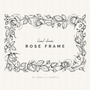 Rose Floral Digital Border Rahmen, schwarz weiße Hand gezeichnet botanische PNG, Blumenrahmen einladen, 5x7 rechteckig, Blume Clipart, kommerzielle Nutzung